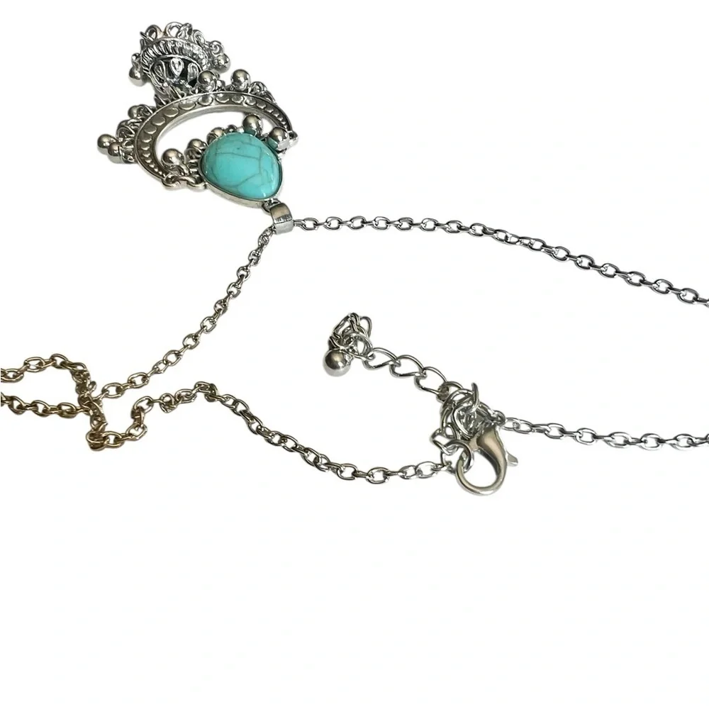 Western Style Faux Turquoise Silver Beaded Tassel Pierced Earrings Necklace Set
